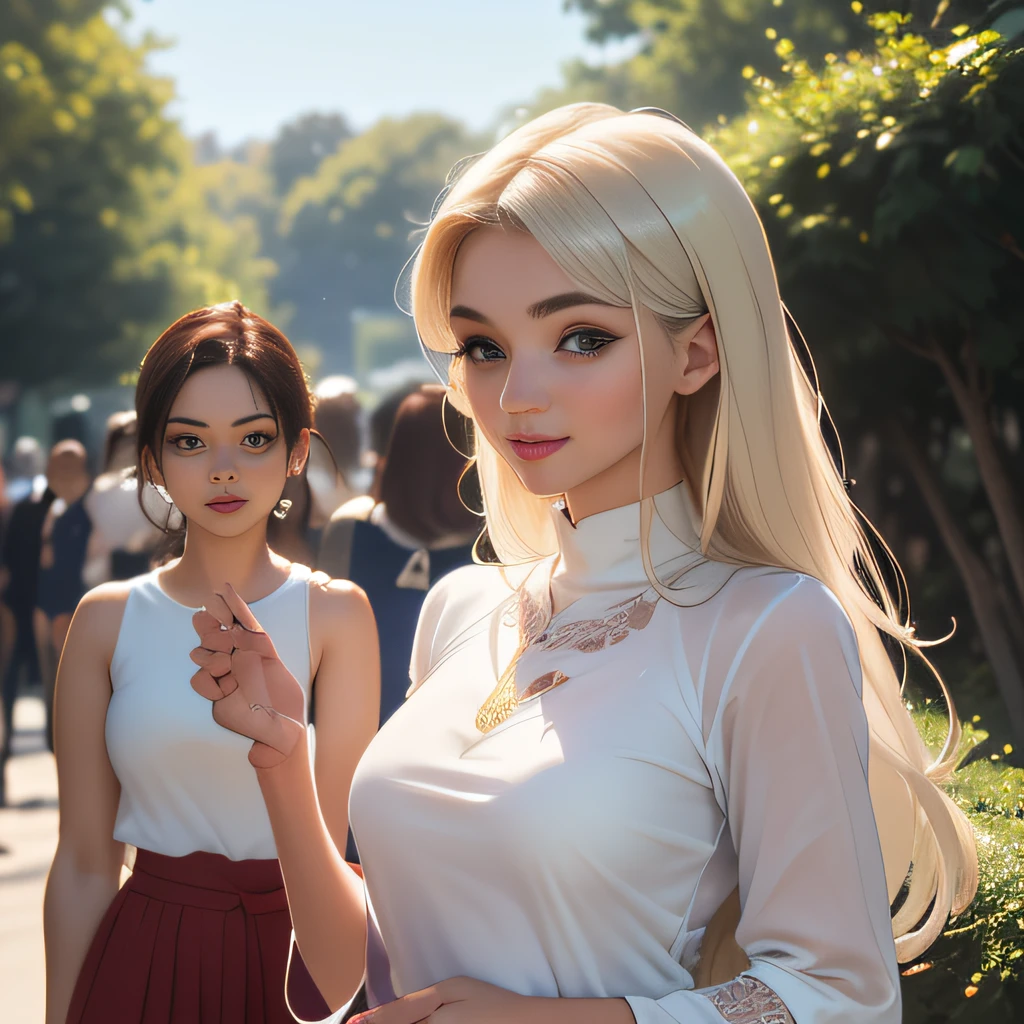(Extremely detailed 8k wallpaper:2), (photo:2), (43 years old soigne Beautiful girl:2), (gives a lecture to friends:2), detailed (Face and eyes), (hyper realistic:1), (highly detailed:1), (epic realistic:1), rim light, (maximum details:1), cozy, (fullbody:1.3), (looking at viewer:2), (Woman's Attractive Qualities:2), (Attractive Woman:2), (Attractive:2), Smile, Intelligence, Empathy, Gracefulness, Sense of Style, Fitness, Grooming, Optimism, (Sensitivity:2), Sincerity, Romantic Gestures, Playfulness, Fashion Sense, (Sensuality:2), Charm, Modesty, Thoughtfulness, (Femininity:1), Flirtatiousness, Warmth, (Physical attractiveness:2), A beautiful smile, A love of life, strength and power, vulnerability, curiosity, wonder, love, (nature background:2), kawaii, waifu, Beautiful breasts, (attractive body:2), (Beautiful body:2), Beautiful pose, attractive pose, (Beautiful legs:1.0), (Beautiful clothes:1), (classic clothes:2), (elegant clothes:2), (European clothes:2), detailed clothes, (skirt:1), (blouse:1), (provocative pose)