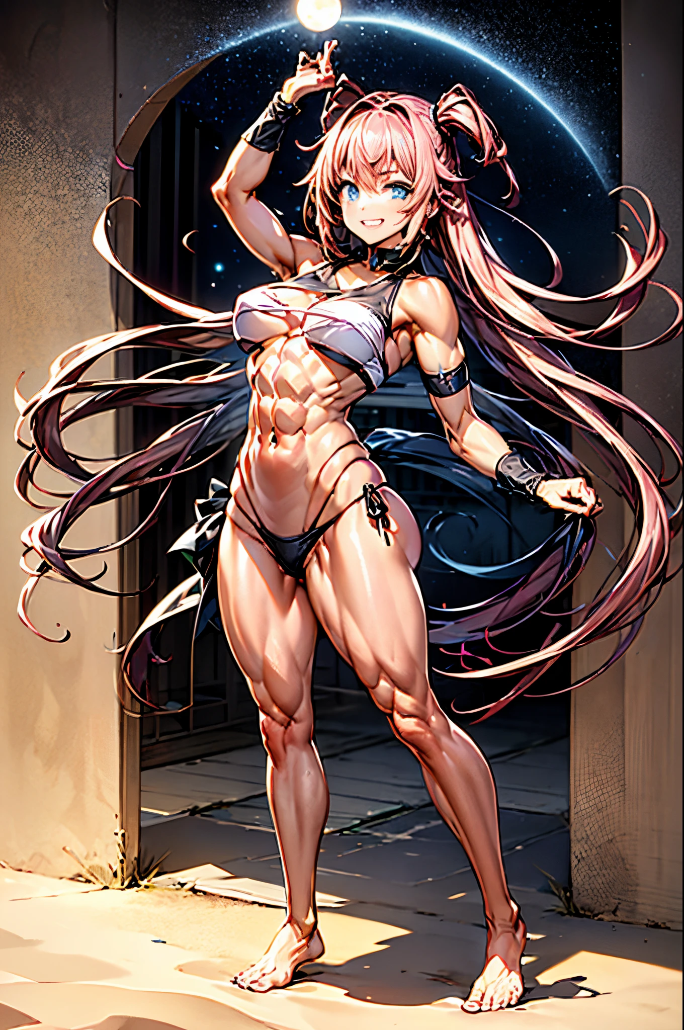 1 girl, (medium breasts))) (((big ass))), (pretty smile), (((wearing short bikini))), (long pink hair), (((blue eyes))), (in beach at night with starry sky and full blood moon), (slim waist), (large waist), (thin and muscular legs), muscular belly, bare feet, (stand upright), double tails, glowing eyes, eye reflection , bad mood, anime, anime style, ray tracing, shine, drop shadow, panorama, Sony FE, 8k, Uhard disk, master piece, accurate, anatomically correct, Super Detail, best quality, very high resolution, hard disk, 16k