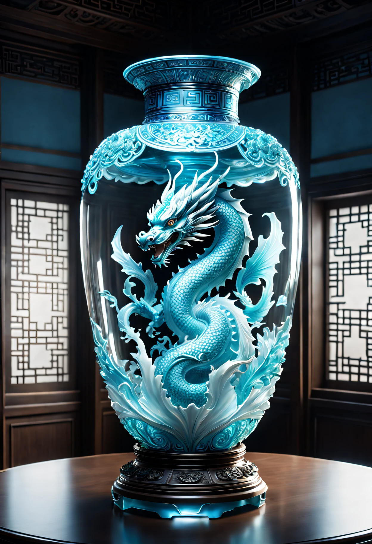 An oriental style vase is displayed in an empty room,There is a dragon inside, RococoStyle, Crystal nuclei, Realistic light depiction, interesting and complex, light blues, hidden academia, ancient world patterns,The body of the vase is illuminated by light, RococoStyle, futuristic elements, Crystal nuclei, Chinese iconography, swirles, light blues, giant money sculpture, Futuristic fantasy style, light blues, An intricate underwater world, Realistic light depiction, clear colors, Crystal nuclei, Light cyan and white, In the style of an intricate underwater world, Crystal nuclei, chinapunk, swirles, light blues, Glowing portrait, light box,(Best quality at best,4K,8K,A high resolution,tmasterpiece:1.2),ultra - detailed,(actual,realisticlying,Photorealistic:1.37),extremely detailed glass vase，There is a dragon on it,Super detailed scp artifact can,Complex and gorgeous anime CGI style,Beautiful renderings of the Tang Dynasty,Better than Paul and James Ginn,Complex artwork. Guilty Car Rendering,Complex 8K rendering,8k vray rendering,arte renderizada,Filled with glass. Computer Graphics Society,high quality rendering