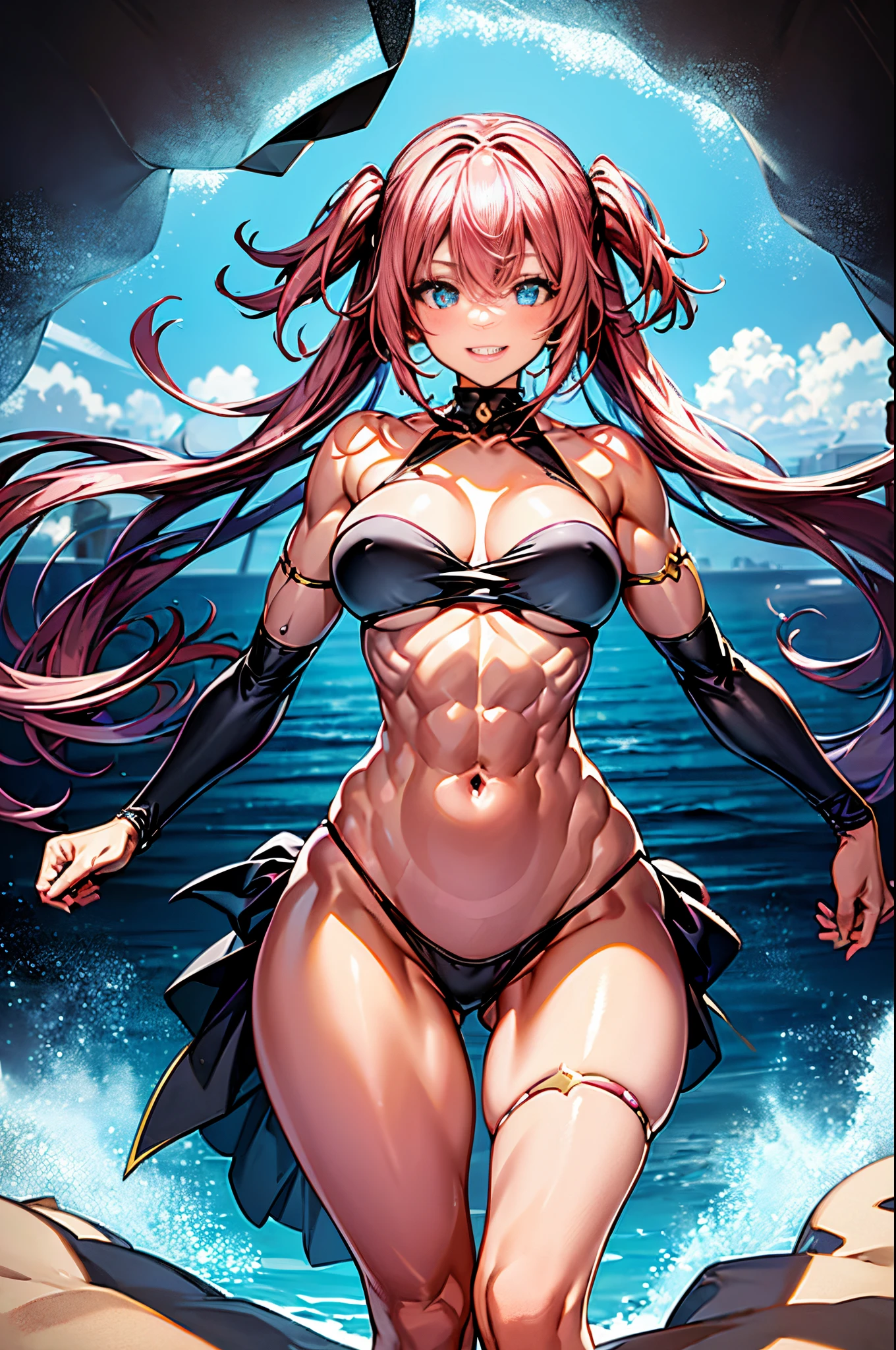1 girl, (medium breasts))) (((big ass))), (pretty smile), (((wearing short bikini))), (long pink hair), (((blue eyes))), (in beach at night with starry sky and full blood moon), (slim waist), (large waist), (thin and muscular legs), muscular belly, bare feet, (stand upright), double tails, glowing eyes, eye reflection , bad mood, anime, anime style, ray tracing, shine, drop shadow, panorama, Sony FE, 8k, Uhard disk, master piece, accurate, anatomically correct, Super Detail, best quality, very high resolution, hard disk, 16k