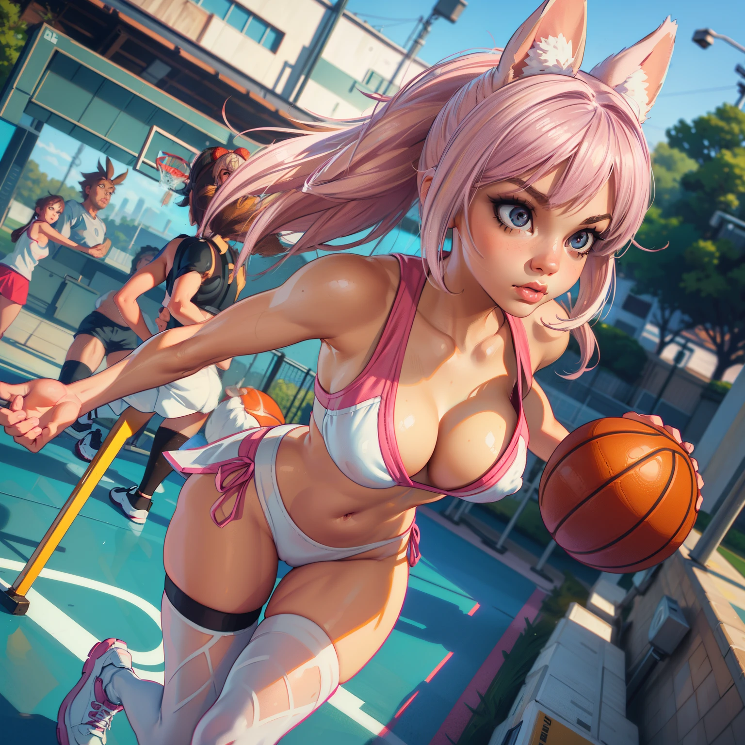 Lola bunny,bending over,(best quality,4k,8k,highres,masterpiece:1.2),ultra-detailed,(realistic,photorealistic,photo-realistic:1.37),beautiful detailed eyes,beautiful detailed lips,extremely detailed eyes and face,longeyelashes,toony style,fluffy fur,playful expression,athletic body,sporty outfit,curved silhouette,standing on a basketball court,looking over her shoulder,pink and white color palette,soft lighting