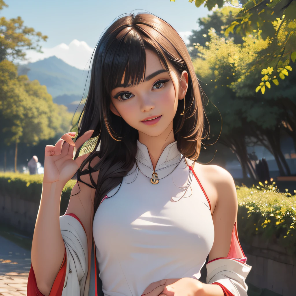 (Extremely detailed 8k wallpaper:2), (photo:2), (33 years old soigne Beautiful girl:2), (gives a lecture to friends:2), detailed (Face and eyes), (hyper realistic:1), (highly detailed:1), (epic realistic:1), rim light, (maximum details:1), cozy, (fullbody:1.3), (looking at viewer:2), (Woman's Attractive Qualities:2), (Attractive Woman:2), (Attractive:2), Smile, Intelligence, Empathy, Gracefulness, Sense of Style, Fitness, Grooming, Optimism, (Sensitivity:2), Sincerity, Romantic Gestures, Playfulness, Fashion Sense, (Sensuality:2), Charm, Modesty, Thoughtfulness, (Femininity:1), Flirtatiousness, Warmth, (Physical attractiveness:2), A beautiful smile, A love of life, strength and power, vulnerability, curiosity, wonder, love, (nature background:2), kawaii, waifu, Beautiful breasts, (attractive body:2), (Beautiful body:2), Beautiful pose, attractive pose, (Beautiful legs:1.0), (Beautiful clothes:1), (classic clothes:2), (elegant clothes:2), (European clothes:2), detailed clothes, (skirt:1), (blouse:1), (provocative pose)