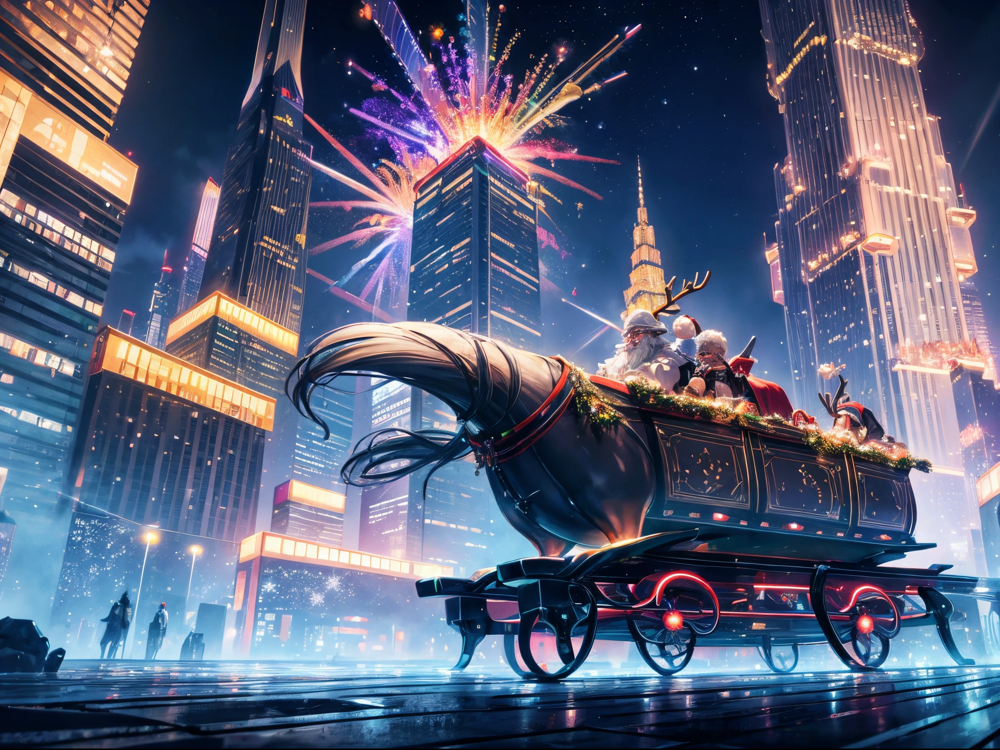 Imagine Santa Claus and his reindeer sleigh in a futuristic cityscape. The iridescent plasma fractals illuminate the towering skyscrapers and flying vehicles. The bubbles take the form of high-tech energy spheres, and the scene is bathed in a neon glow.