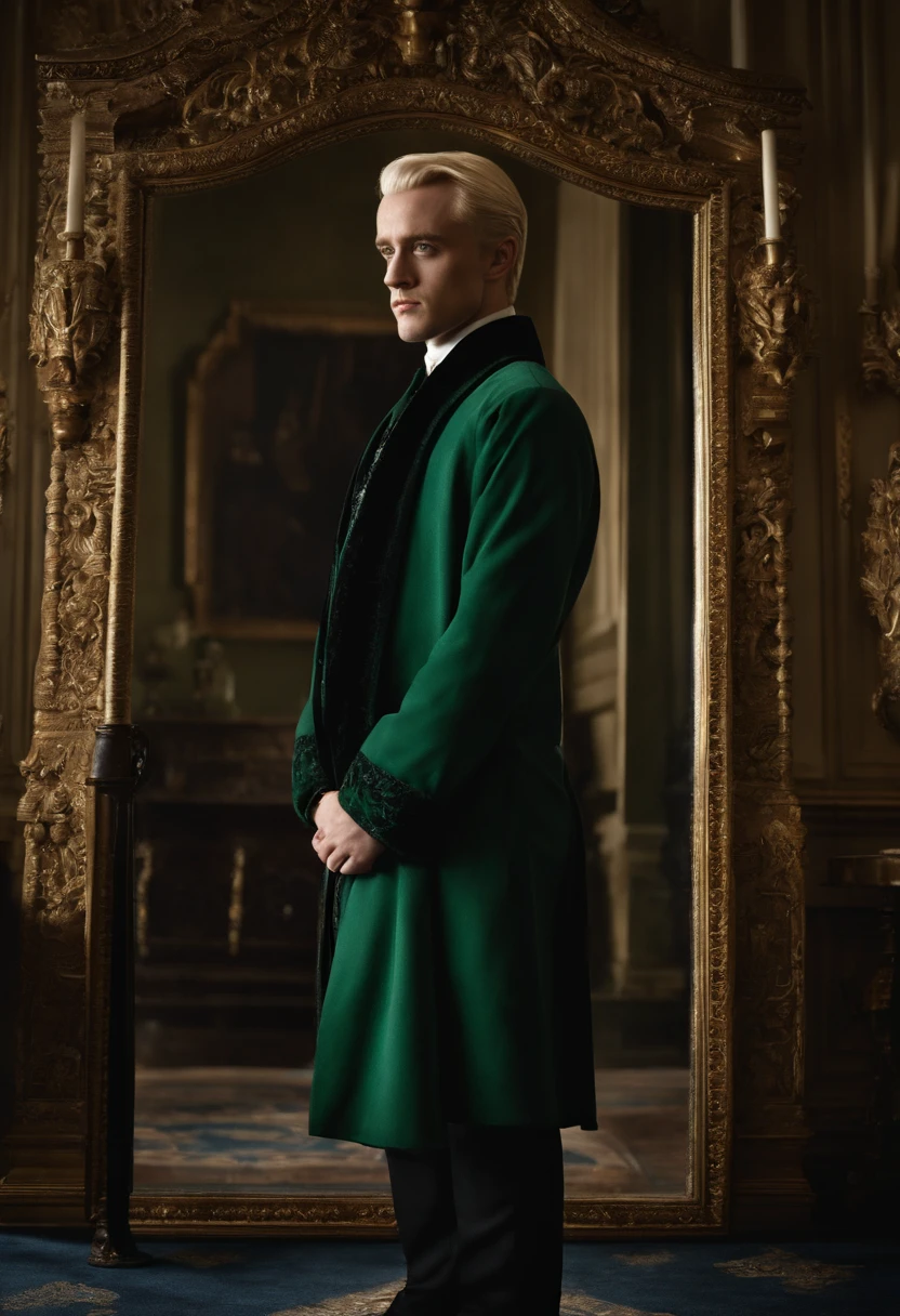 A photo of Draco Malfoy standing in front of a large ornate mirror, adjusting his designer dress robes with a disdainful look on his face.,Harry Potter series,Draco is tall with neat platinum blonde hair, icy blue eyes, wears Slytherin Hogwarts robes, famously portrayed by Tom Felton
