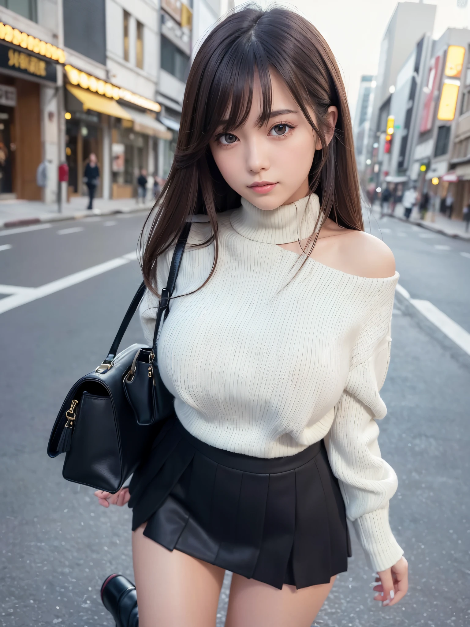 ((masterpiece)), ((best quality)), (ultra-detailed), realistic, real, 1girl, solo, a Japanese young pretty girl , hyper cute face , glamorous figure , large breast , long bob hair , city, town, daytime, autumn, “uniform”,“outfit”,“clothes”, (Large white jacket), (black turtleneck sweater), (black pleated miniskirt), (black boots), (shoulder bag), ((beautiful eyes)), dynamic angle, full body,front view ,a big smile,glossy lips, double eyelids for both eyes, natural makeup, shiny smooth light brown hair of long bob hair, asymmetrical bangs, high resolution, high detail, detailed hairstyle, detailed face, cinematic lighting, octane rendering, hyper realistic, perfect limbs, perfect anatomy