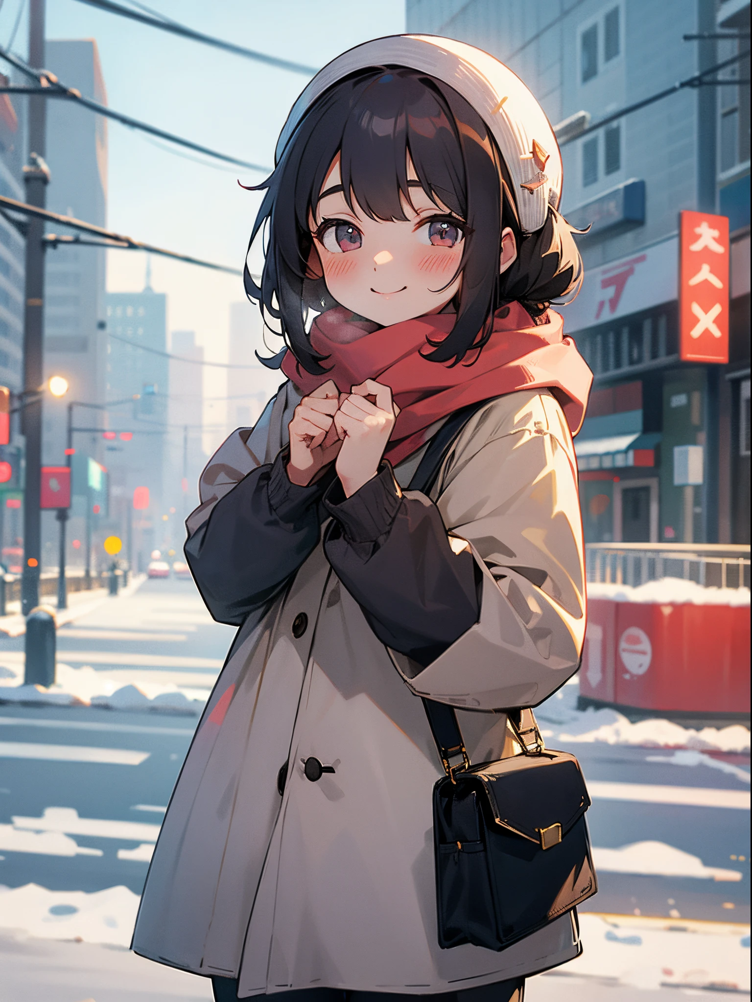 loli, in the city, winter, smile, blush