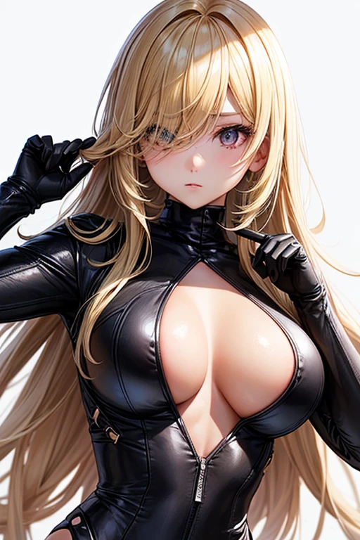 1girl, peek-a-bang-hairstyle, long hair, blonde hair, (((left bang hair covering eye))), one eye, sexy body, large breasts, wearing black bodysuit, tight bodysuit, adult, white background