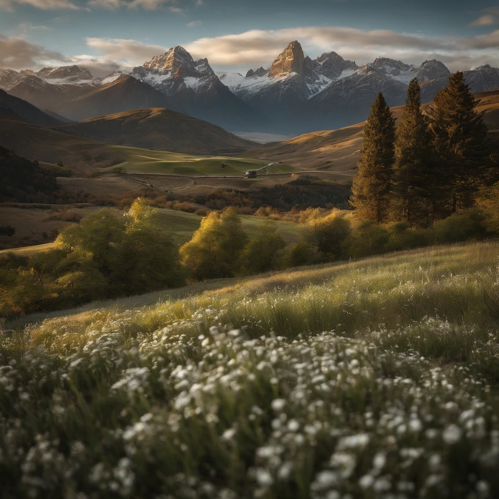 hyper realistic image, there is a large field with some trees, a matte painting by Werner Andermatt, Shutterstock Competition Winner, visual arts, New Zealand Landscape, beautiful mountain background, Low angle 8K HD Nature Photo, New Zealand, snow covered mountains, nature stunning in the background, high-quality desktop wallpaper, nature wallpaper, Middle-earth Landscape, natural scenic beauty