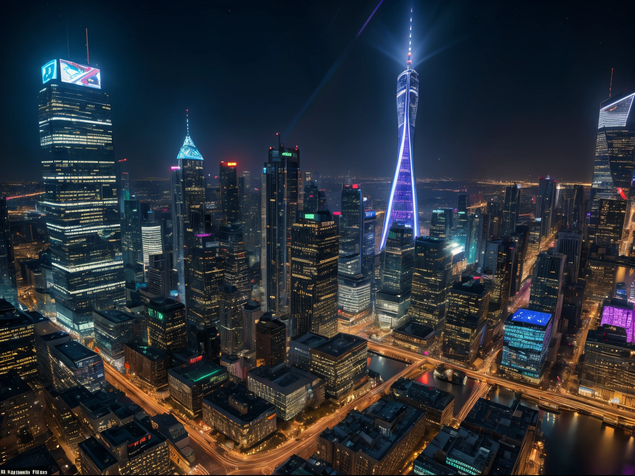 Imagine Santa Claus and his reindeer sleigh in a futuristic cityscape. The iridescent plasma fractals illuminate the towering skyscrapers and flying vehicles. The bubbles take the form of high-tech energy spheres, and the scene is bathed in a neon glow.