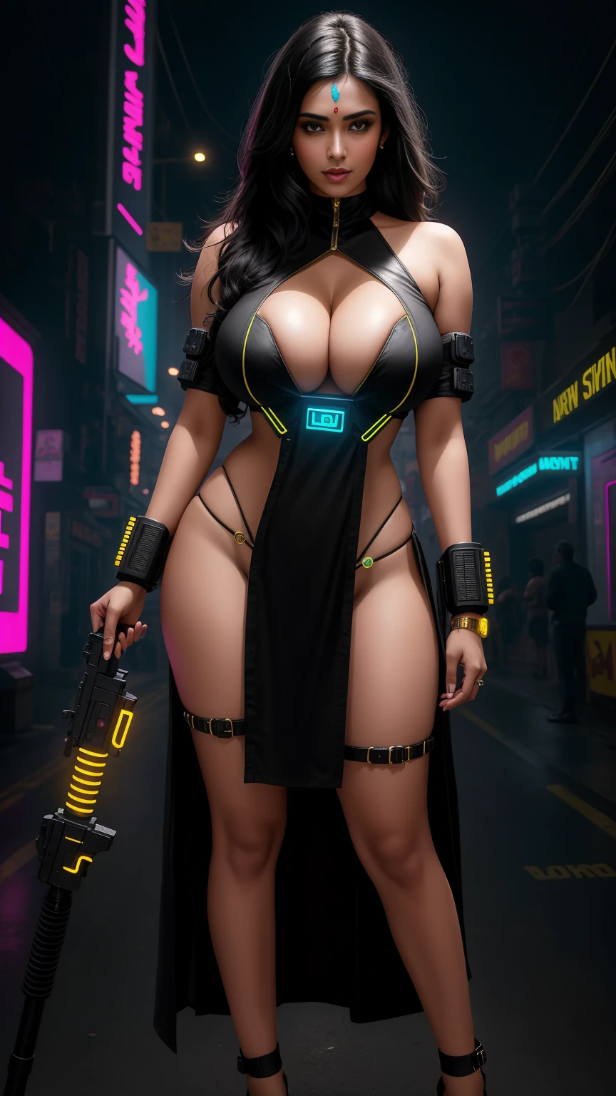 there is an indian woman standing, 3 d neon art of a womans body, neon-noir background, cyberpunk femme fatale, seductive cyberpunk dark fantasy, steel dress, cyberpunk 20 y. o model girl, oppai cyberpunk, banner, high definition cgsociety, cgsociety masterpiece, trending on cgstation, kda, random hair, looking at camera, gigantic breasts, cleavage, (high detailed skin:1.2), 8k uhd, dslr, super lighting, high quality, film grain, high res, highly detailed, hyper realistic, beautiful face, beautiful body, beautiful eyes nose lips, alluring expression, very bold, upper boobs visible, full body photo, standing legs apart, pale translucent glowing skin, most beautiful face, cute, (well defined pubic hair:1.2)), (dark plain black background:1.4))