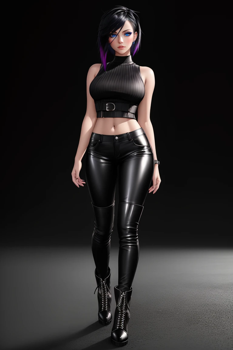 beautiful girl, ((standing:1.4)), (confident gaze:1.1), full body, short bright neon streaked black hair, ((realistic highly detailed eyes:1.4)), ((seductive pose:1.2)), black eyeshadow, (street style wear:1.2), ((tight fitted pants)), ((knee high leather boots)), (dark city night black background:1.4), dark makeup, digital art, trending on artstation, highly detailed, fine detail, intricate, detailed facial features, sharp focus, smooth, aesthetic,