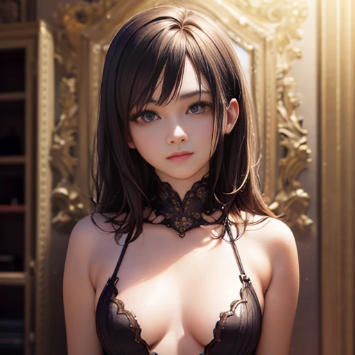 (Photorealistic:1.4), (Masterpiece, Sidelight, Exquisite Beautiful Eyes: 1.2), Masterpiece*Portrait, Realistic, 3D Face, Glistening Eyes, Glossy Hair, Glossy Skin,Small, Solo, Embarrassing, (Abdomen),