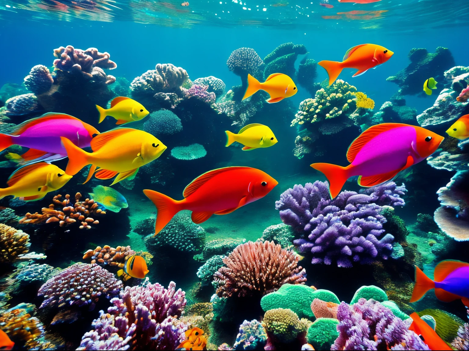 Underwater photography, school,of colorful tropical fish, National Geographic, style raw