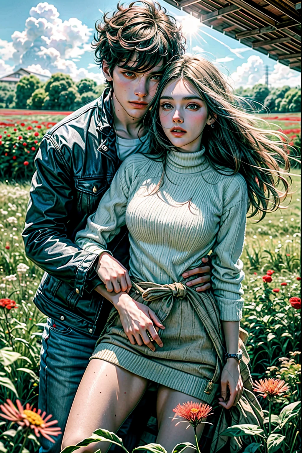 1 man and 1 woman are sitting in a meadow of red flowers, sun sunset, Irish Man, Campo florescente, Dandelion floating in the wind, estilo romance adolescente, casa em um capinique, homem e mulher, casal apaixonado, flores vermelhas, homem de jaqueta de couro e causa jeans, casal: homem e mulhar, Flying dandelion, ultra qualidade, rostos bem bem detalhados, ultra detalhes