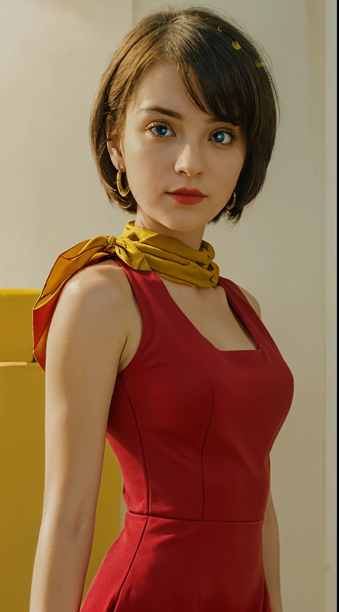 masterpiece, best quality, highest quality, (perfect illumination:1.4), (photorealistic), perfect anatomy, perfect face, perfect eyes,
bulmadbzreddress, aqua hair, short hair, blue eyes, earrings, red dress, yellow scarf