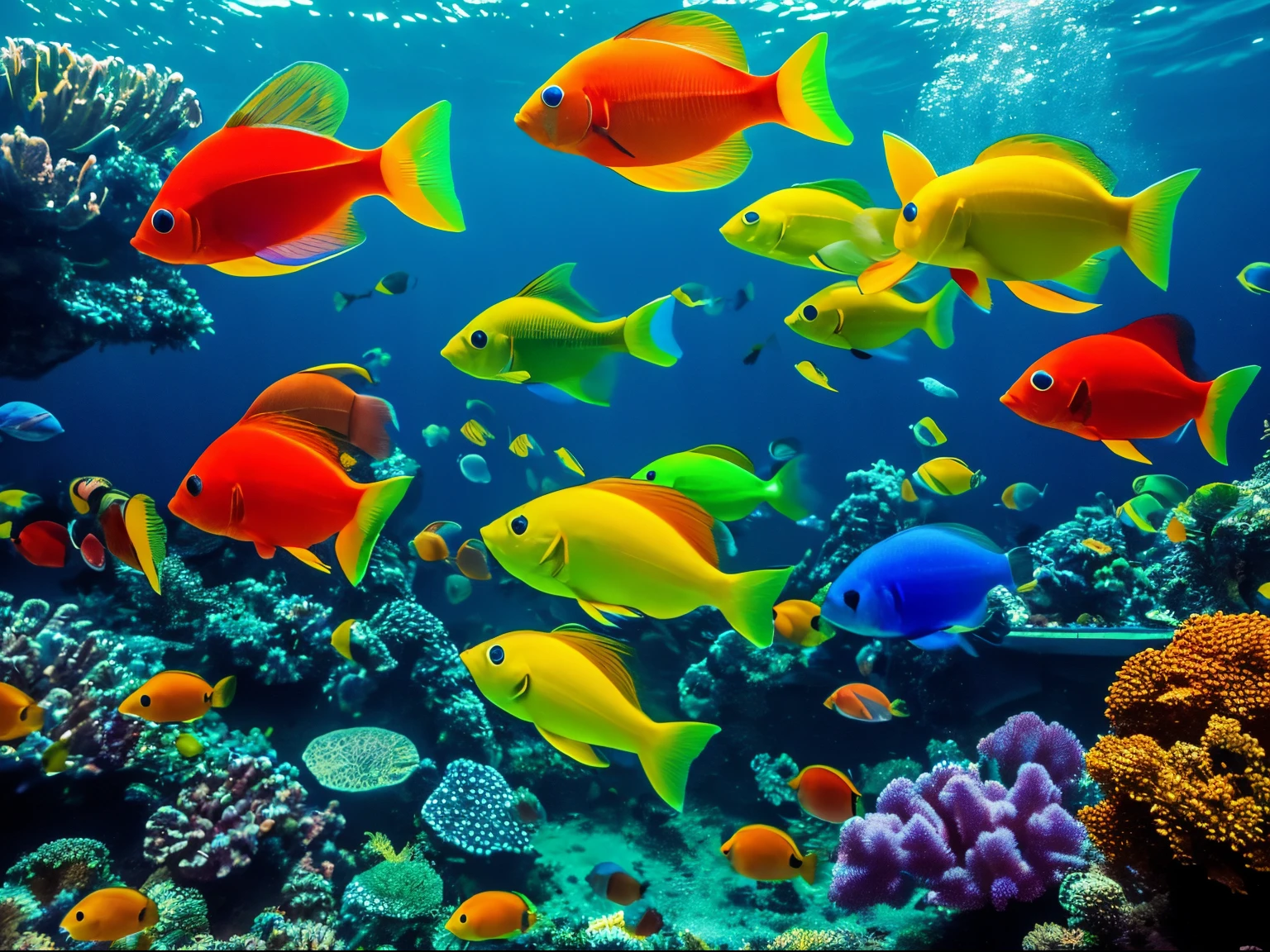 Underwater photography, school,of colorful tropical fish, National Geographic, style raw