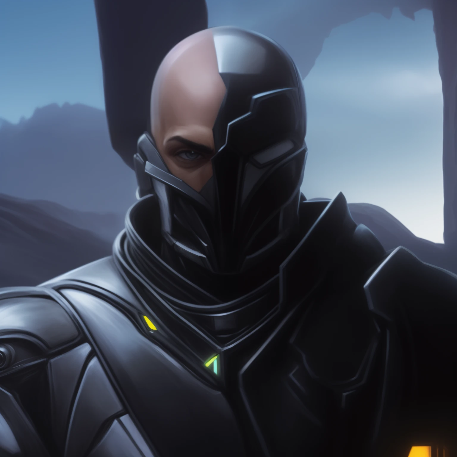 homem arafiado em um terno futurista em frente a uma montanha, metabaron, Turian, inspirado em Rajmund Kanelba, Biological Assistance, Starcraft 2 personagem de videogame, vestido com armadura furtiva, clothed in sci-fi military armor, dren de emenda, face of an armored villian, Anfas Retrato de um guerreiro Mech