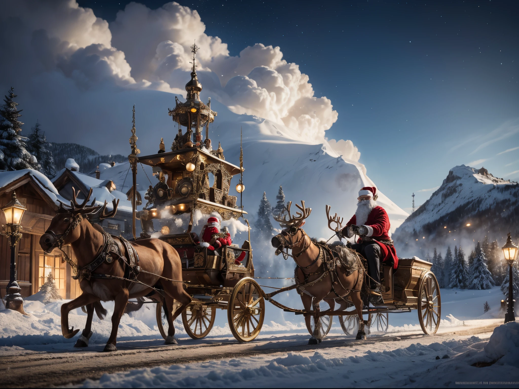 Picture Santa Claus and his sleigh as a magnificent steampunk contraption, adorned with intricate gears and brass ornaments. The reindeer sport mechanical enhancements, and the bubbles manifest as steam clouds. The entire scene is set against a backdrop of cog-filled skies.