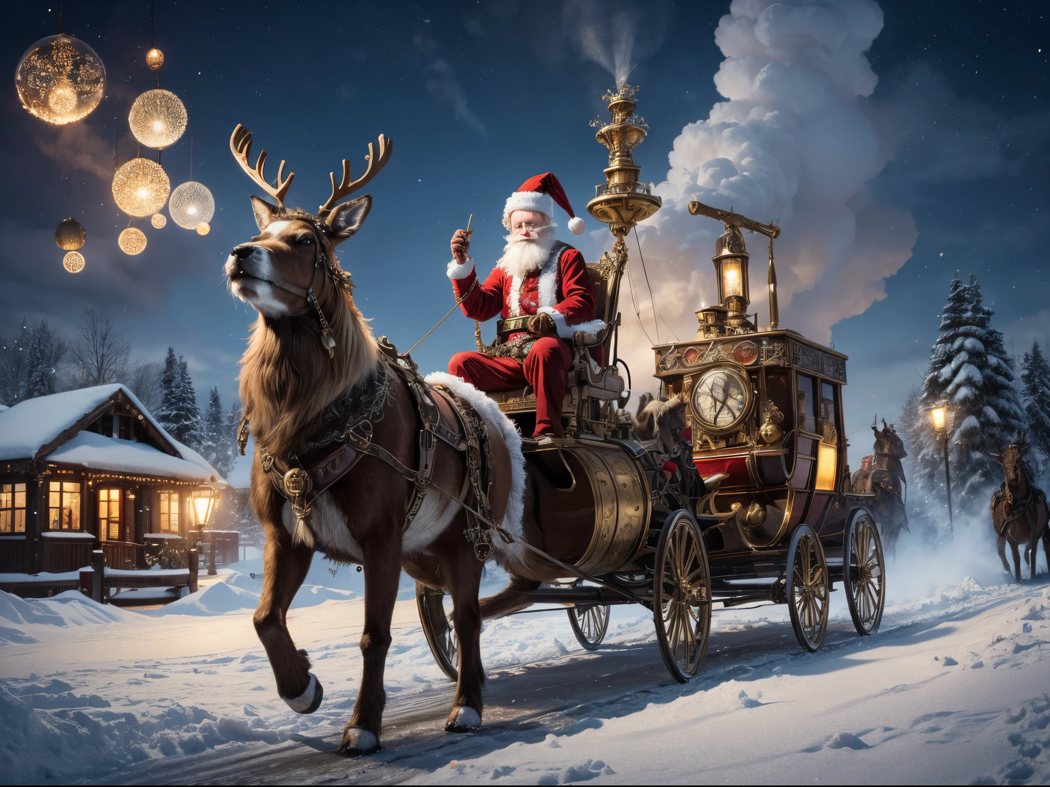 Picture Santa Claus and his sleigh as a magnificent steampunk contraption, adorned with intricate gears and brass ornaments. The reindeer sport mechanical enhancements, and the bubbles manifest as steam clouds. The entire scene is set against a backdrop of cog-filled skies.