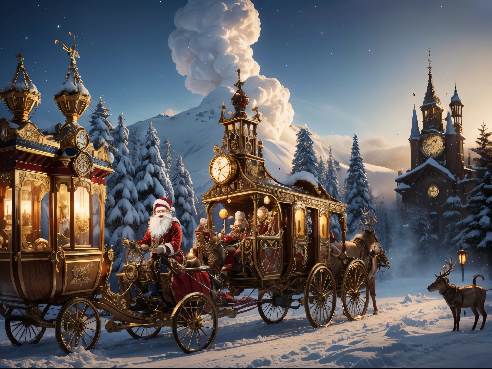 Picture Santa Claus and his sleigh as a magnificent steampunk contraption, adorned with intricate gears and brass ornaments. The reindeer sport mechanical enhancements, and the bubbles manifest as steam clouds. The entire scene is set against a backdrop of cog-filled skies.