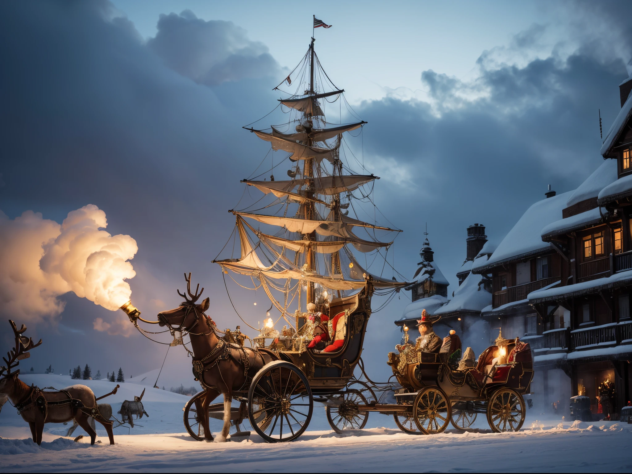 Picture Santa Claus and his sleigh as a magnificent steampunk contraption, adorned with intricate gears and brass ornaments. The reindeer sport mechanical enhancements, and the bubbles manifest as steam clouds. The entire scene is set against a backdrop of cog-filled skies.