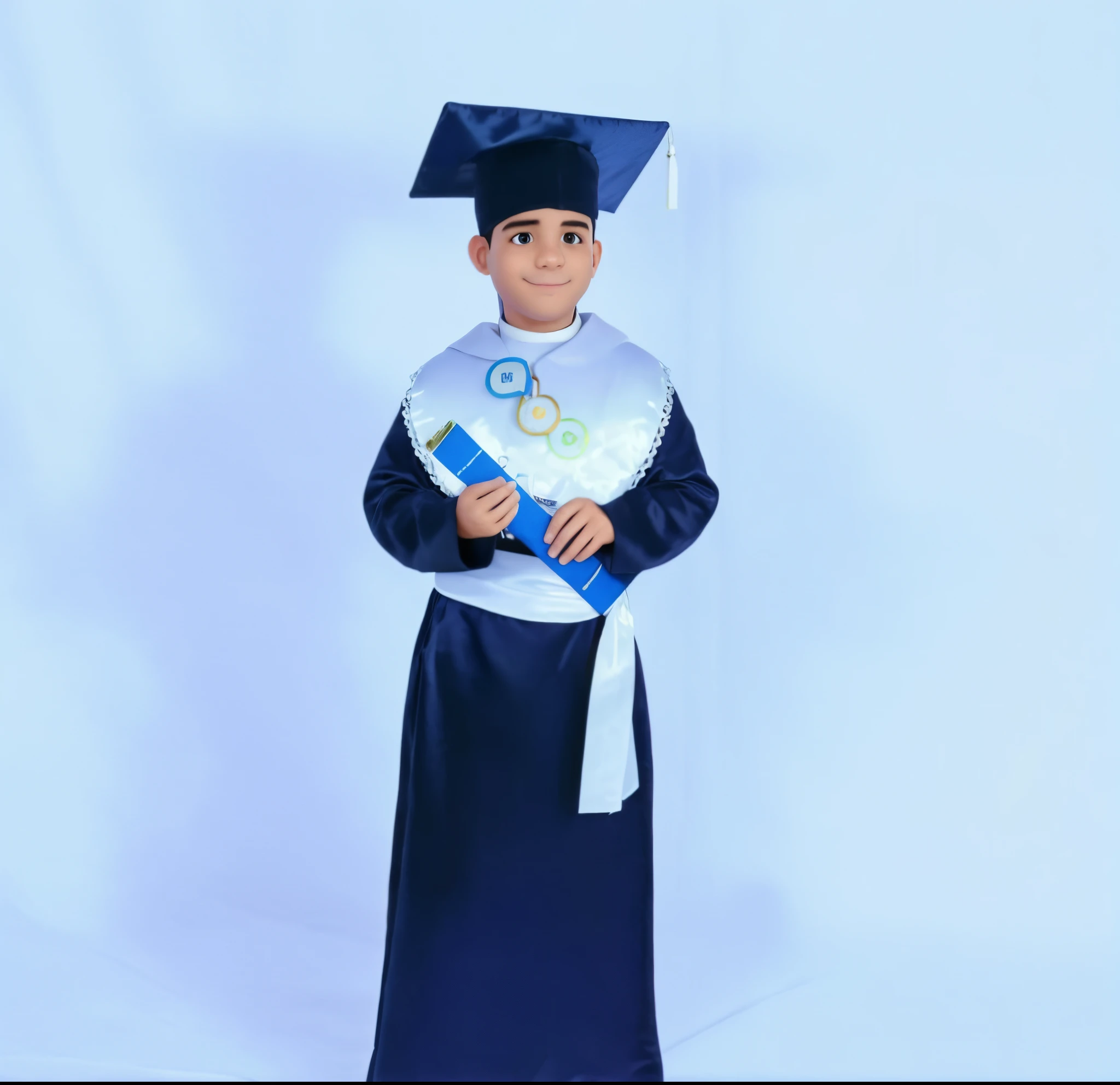 Uma foto de uma menino, extremamente realista, com roupas de formatura, wearing graduation hat, With diploma in hand