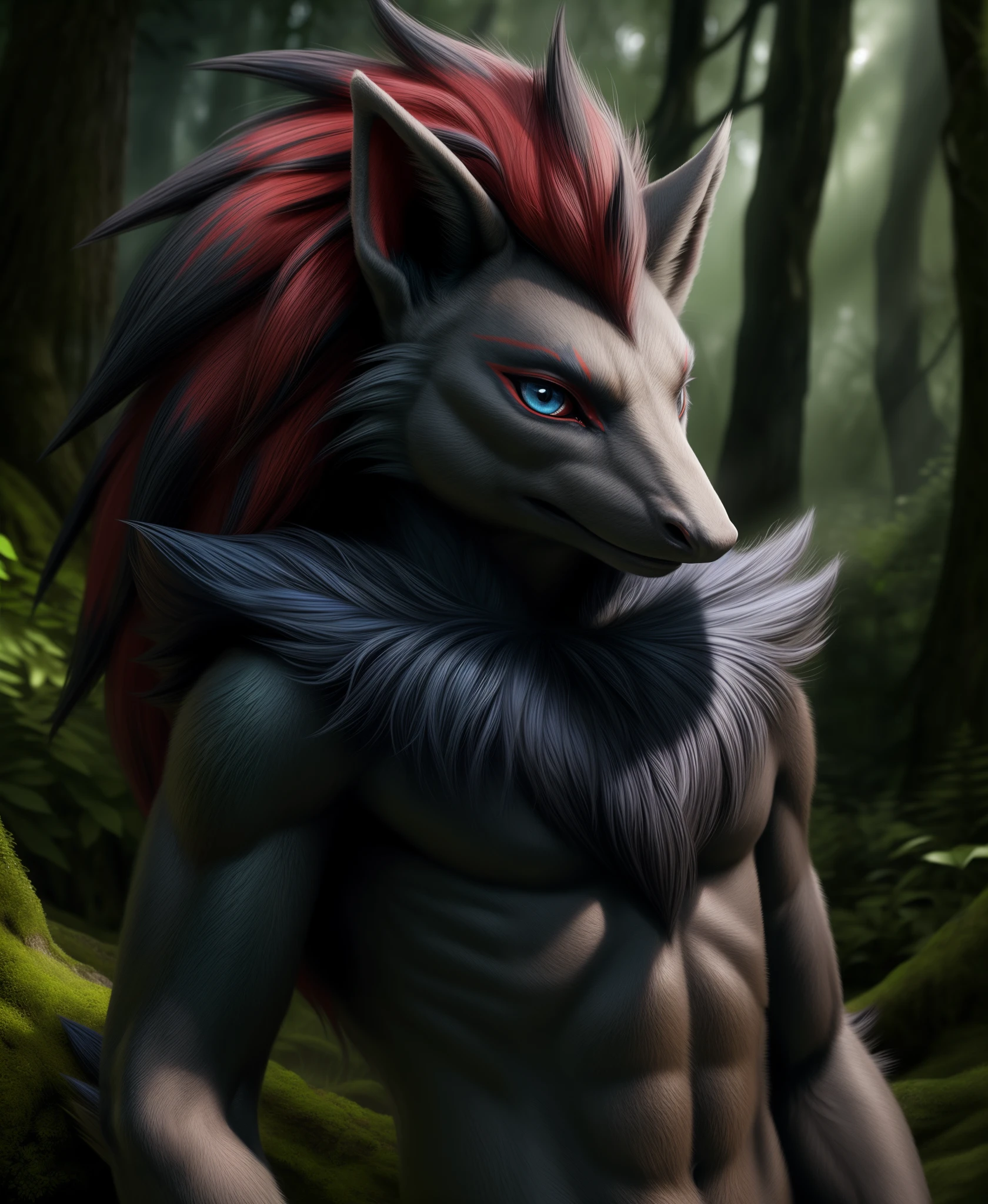 (realistic,photorealistic:1.37),masterpiece,zoroark,looking at viewer,sharp blue eyes,full body portrait, lush green forest background, mysterious atmosphere