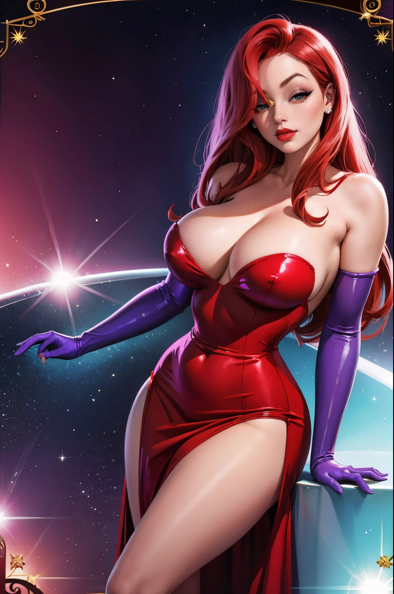Jessica Rabbit with a big boobs in a red dress, high cut out, long elbow length purple gloves