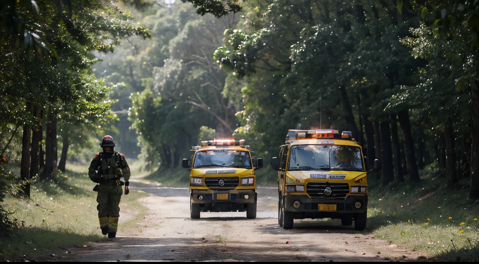 bombeiros e militar procurando na floresta, alta qualidade, 8k, detalhado