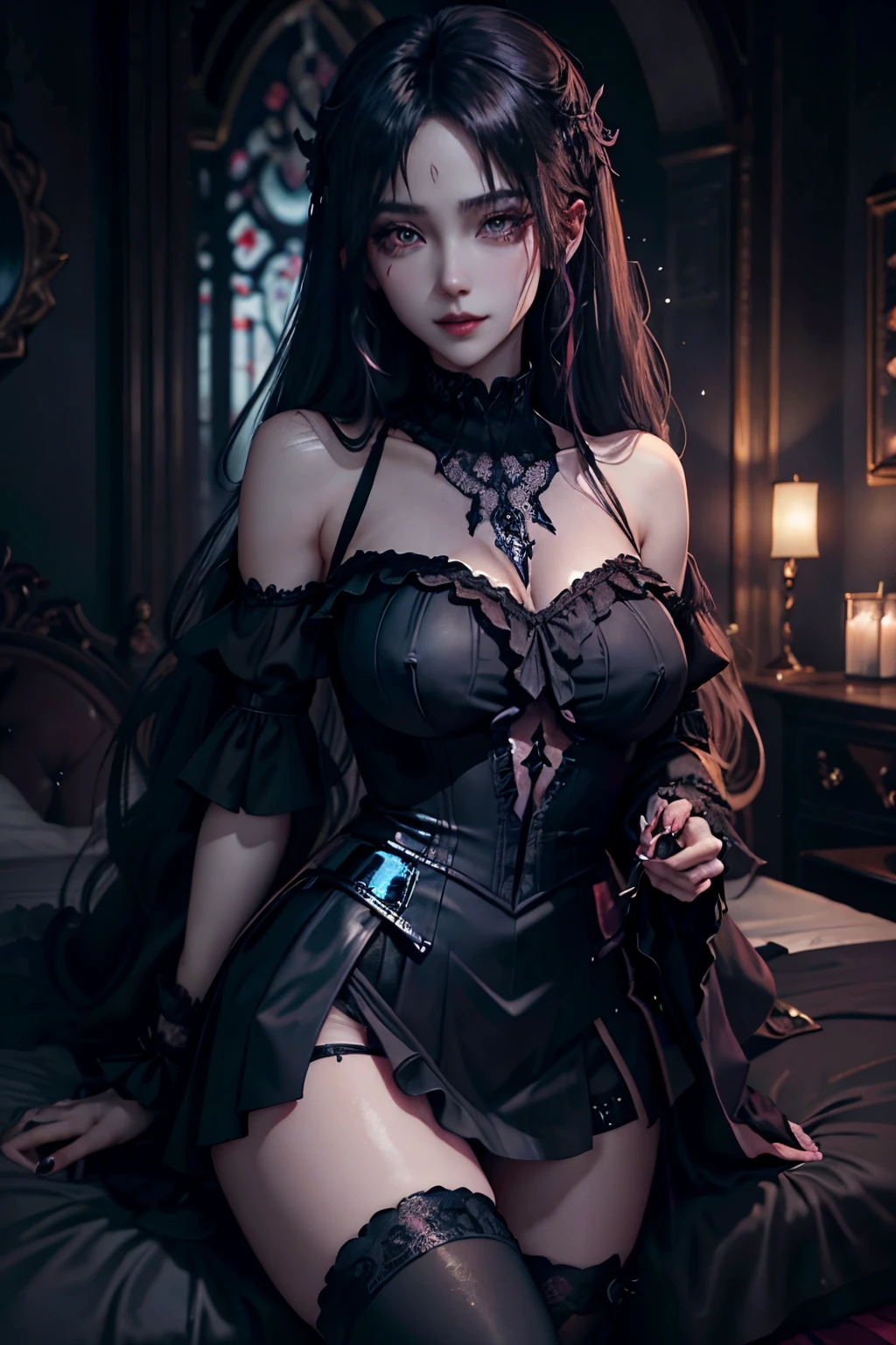 black lipstick、blacklips、black lips、Maniacal、Deep night sky、horor、Black Dark Eyeshadow、Good skin luster、Long hair straight hair、Dark smile、Restless Palace、Fragrant beauty、age19、Lying、Dark Gothic、bell sleeves、Wizard Sleeve、Stained glass background、masutepiece、Best Quality、Refers to 5 books、Sweat glitters on my chest、Drunken face、Mysterious、noble、the body is wet and shiny、Transcendent sex appeal、open your legs sloppily、Lots of glitter on the thighs、I'm sweating a lot、twin-tail hair、Platinum blonde hair、my thighs are extremely wet、Jet black ruffled skirt、Shaded、Blue eyes on the right, red eyes on the left、Gothic bed covered with roses、knee high socks、thigh-high socks、Sticky and profuse sweat on the thighs、Tons of sticky shiny thighs、Sweat shining generously on the thighs、The whole body is shiny with sweat、Glamour、platform heel shoes、Quite sweaty、My thighs are sweaty、Mysterious dark gothic dark black makeup、Chest size is modest、black metal world、Dark Gothic Dresses、Thighs are glamorous、stain glass、pinkhair、