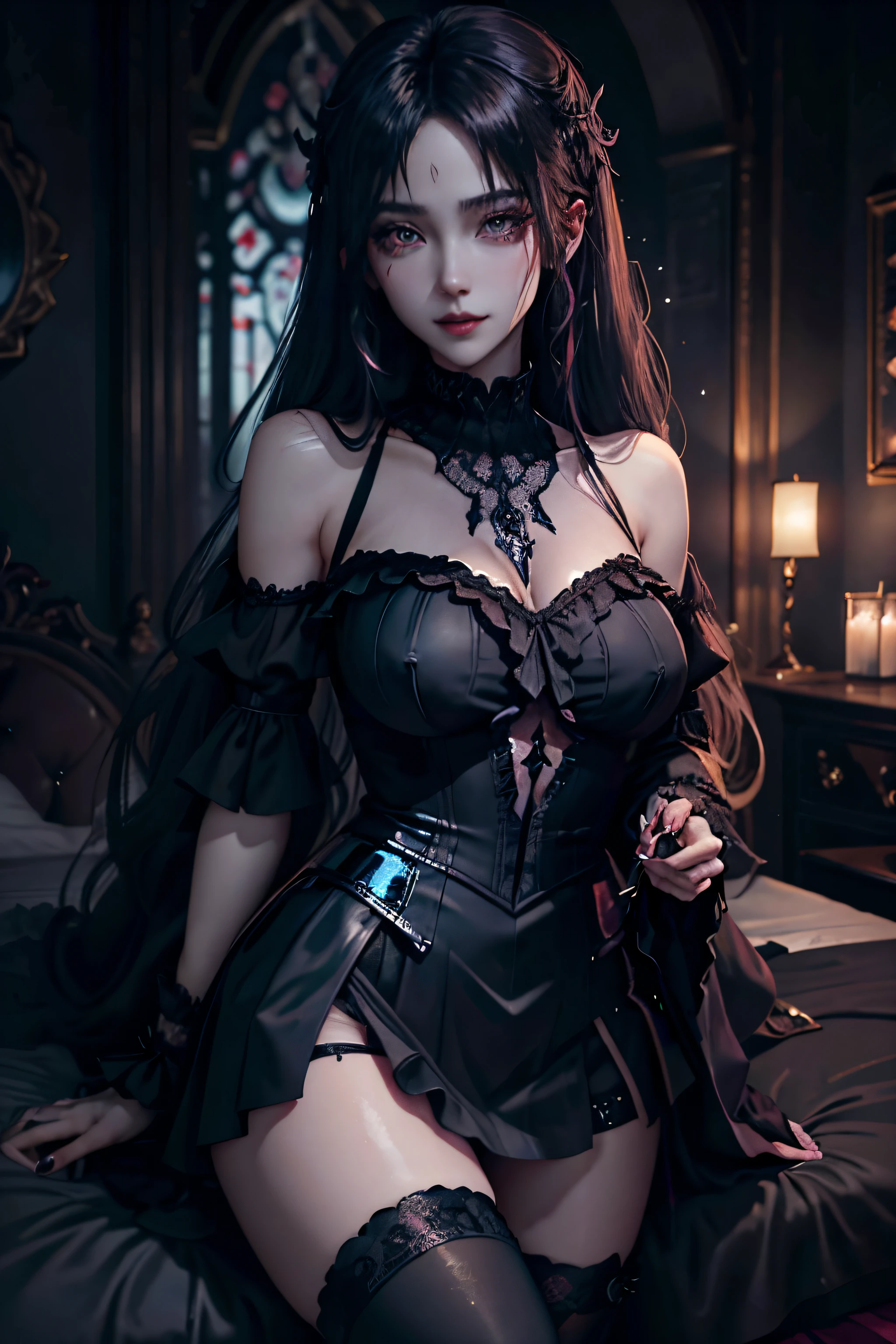 (((full medium shot))), (Masterpiece, photorealistic, photorealism, best quality, ultra-detailed:1.3), (nice hands, perfect hands), official art, cinematic light, (1girl:1.3), adult, a beautiful vampire girl, red eyes, blood on mouth, bloody fangs, pale skin, seductive pose, black corset, black thighhigh boots, heels, scary