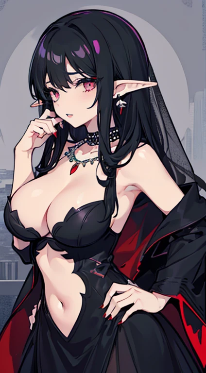 1girl, bare shoulders, black dress, black hair, breasts, breasts apart, center opening, cleavage, closed mouth, dress, earrings, elf, hand on hip, jewelry, large breasts, lips, lipstick, long hair, looking at viewer, makeup, medium breasts, navel, necklace, plunging neckline, pointy ears, red lips, solo, upper body, veil