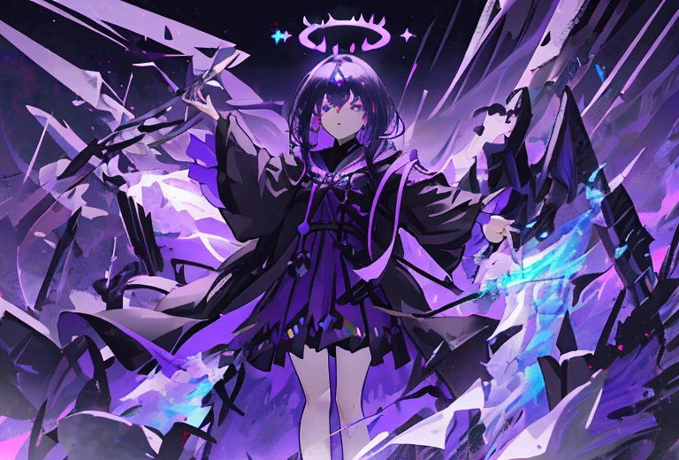 1girl, fringe, dark eyes, eye shadow, in a purple and transparent robe, Woman waving her hands in the air, Dark purple bubbles, Dark Purple Wind, dark aura, luminous skin, night time, Blue & Purple Sky, dark shadows, twin drills, Shiny hair, Dark halo, glowing eyes