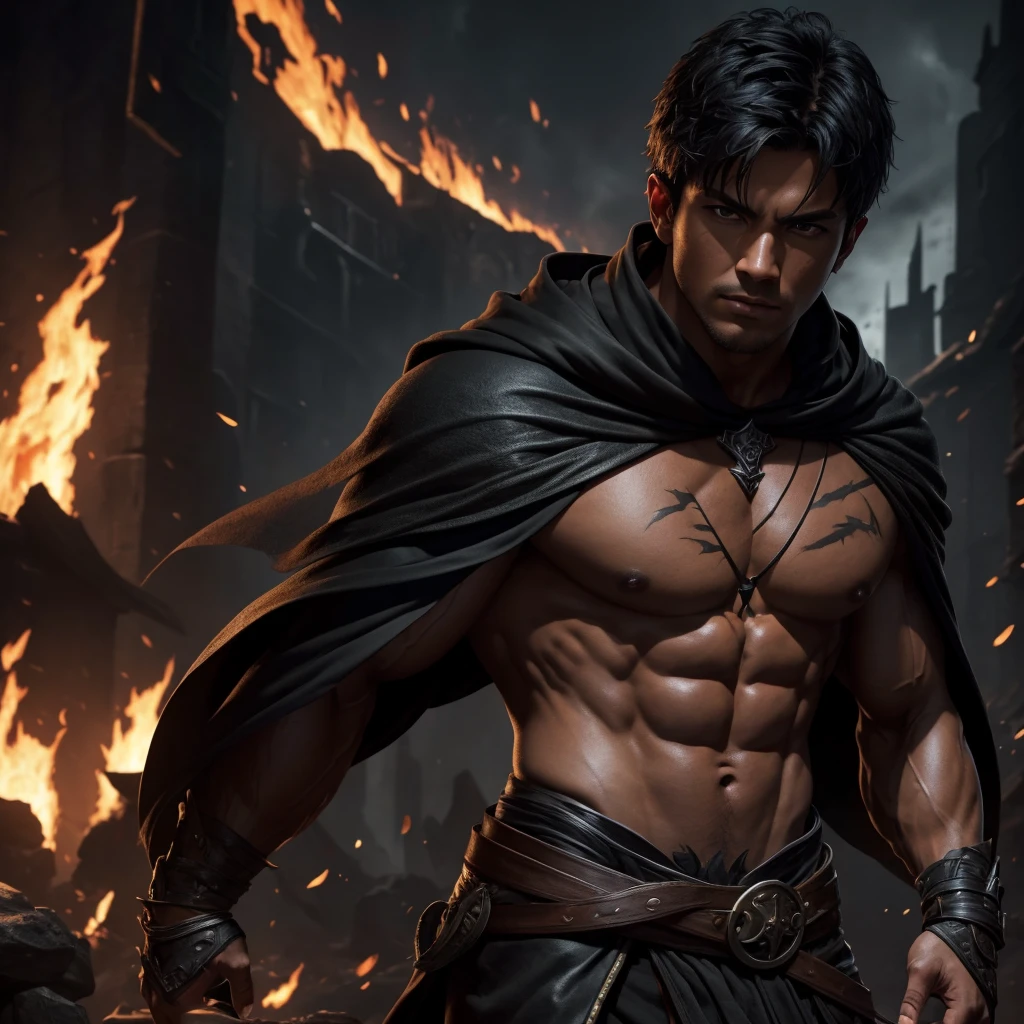 Male Fighter, muscular, tan skin, short black hair, black cloak, black pants, dungeons and dragons, scars on body, burning city, masterpiece, highest quality, ultra detail, illustration, depth of field, dynamic angle, 8k wallpaper, portrait, best light and shadow quality, 4k, 8k, cg, fine detail, full body,