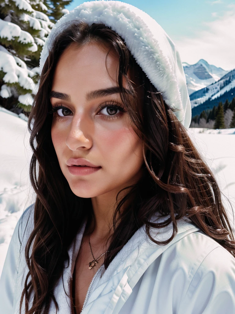 Masterpiece, sexy woman, Albanian woman, 30 years, cute face, neat face, Detailed Face, small neat nose, neat plump lips, big brown eyes, Brown eyes, Alice Milan, Long hair, curly hair, Natural shine, chocolate  hair, Western, hot girl with charming face, walk in winter, the whole body is in the frame, Detailed and realistic image, Full Frame, very detailed 8k HD high definition detailed realistic, detail skin texture, hiking in the mountains with snow, cinematic, photography