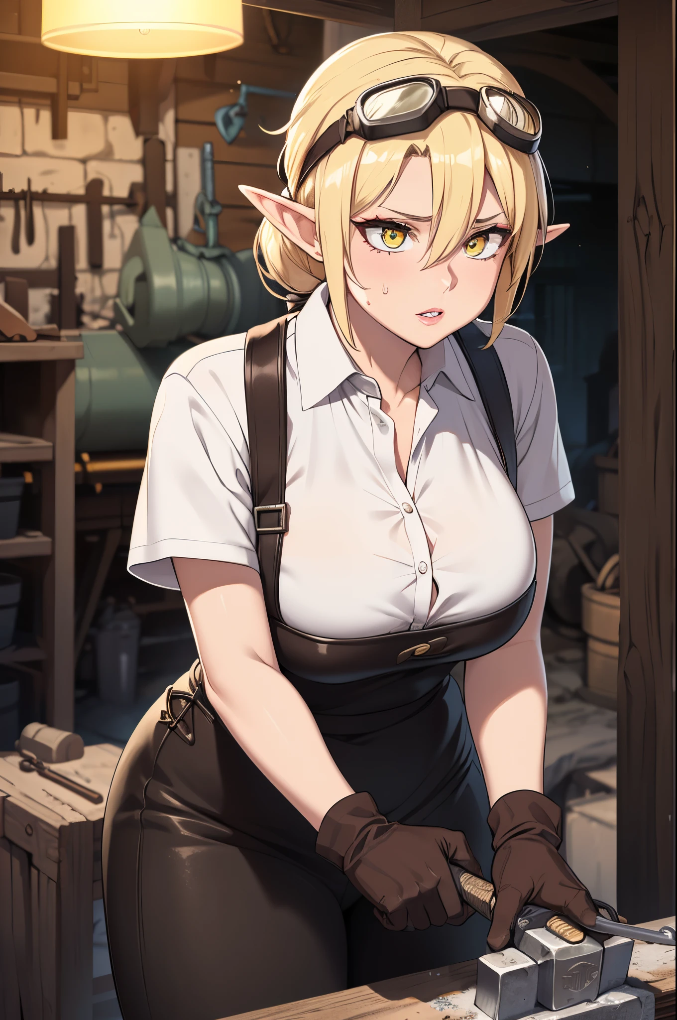 Elf woman, lightly tanned skin, bright yellow eyes, elegant makeup, short high ponytail, dark eye liner, dirty blonde hair, with bright blonde highlights, medieval blacksmith:1.2, leather pants, blacksmith apron:1.2, short sleeve collared shirt, Smithing gloves, anvil:1.5 , sweating, Smithing forge, hammering metal:1.5, holding large hammer:1.2, scene of a smithy:1.2, ultra-detailed, highres, best quality masterpiece, 8k, Octane Render, dynamic lighting, perfect face, large breasts, hand wraps, perfect detailed eyes, double eyelid, Luscious pale lips, bandana and goggles on head