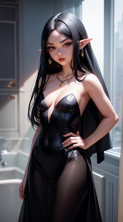 1girl, bare shoulders, black dress, black hair, breasts, breasts apart, center opening, cleavage, closed mouth, dress, earrings, elf, hand on hip, jewelry, flat, small breasts, flat breasts, lips, lipstick, long hair, looking at viewer, makeup, medium breasts, navel, necklace, plunging neckline, pointy ears, red lips, solo, upper body, veil