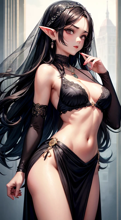 1girl, bare shoulders, black dress, black hair, breasts, breasts apart, center opening, cleavage, closed mouth, dress, earrings, elf, hand on hip, jewelry, flat, small breasts, flat breasts, lips, lipstick, long hair, looking at viewer, makeup, medium breasts, navel, necklace, plunging neckline, pointy ears, red lips, solo, upper body, veil