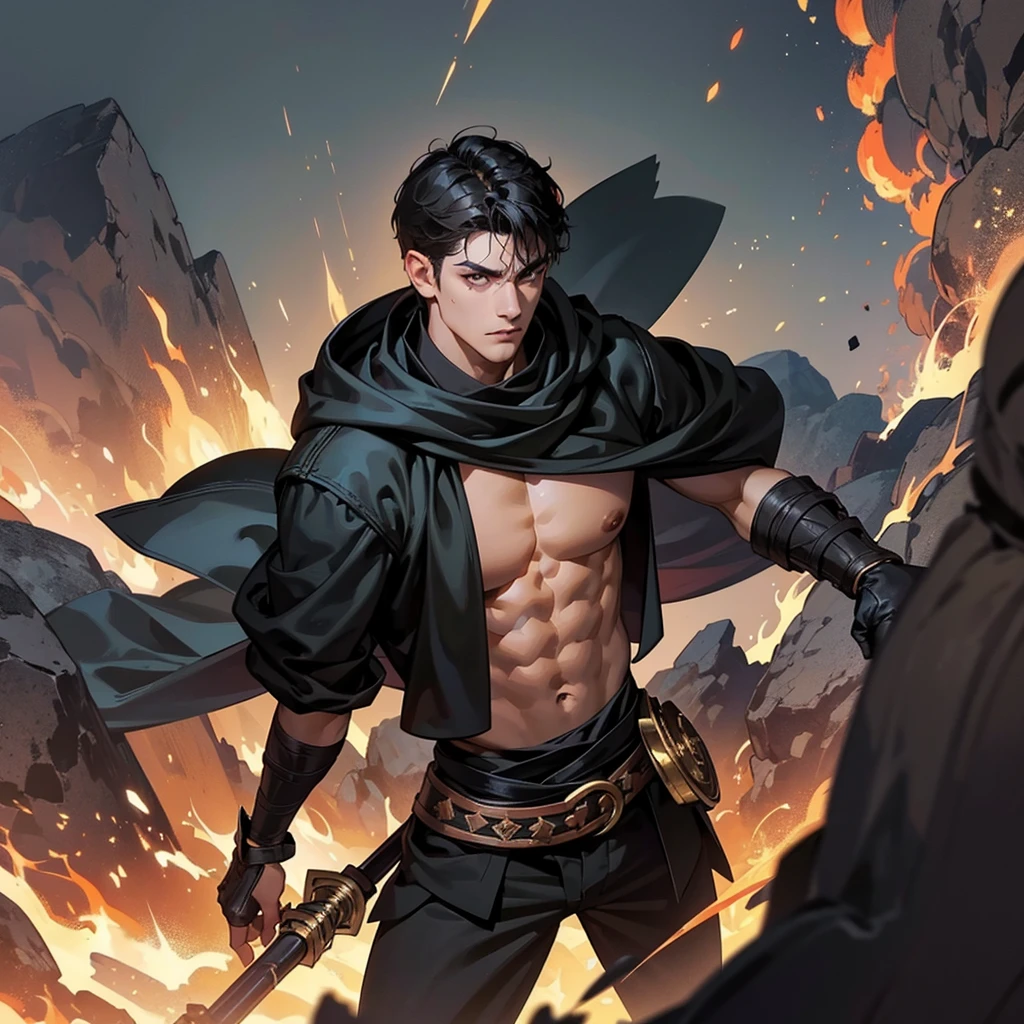 Male Fighter, muscular, tan skin, short black hair, black cloak, black pants, dungeons and dragons, scars on body, burning city, masterpiece, highest quality, ultra detail, illustration, depth of field, dynamic angle, 8k wallpaper, portrait, best light and shadow quality, 4k, 8k, cg, fine detail, full body,