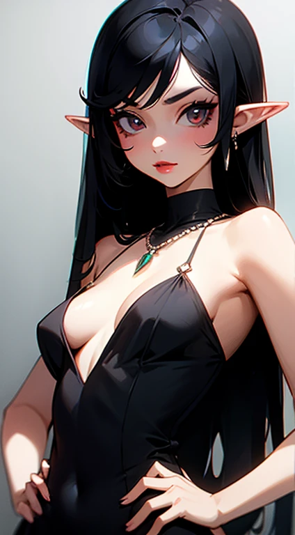 1girl, bare shoulders, black dress, black hair, breasts, breasts apart, center opening, cleavage, closed mouth, dress, earrings, elf, hand on hip, jewelry, flat, small breasts, flat breasts, lips, lipstick, long hair, looking at viewer, makeup,, navel, necklace, plunging neckline, pointy ears, red lips, solo, upper body, veil