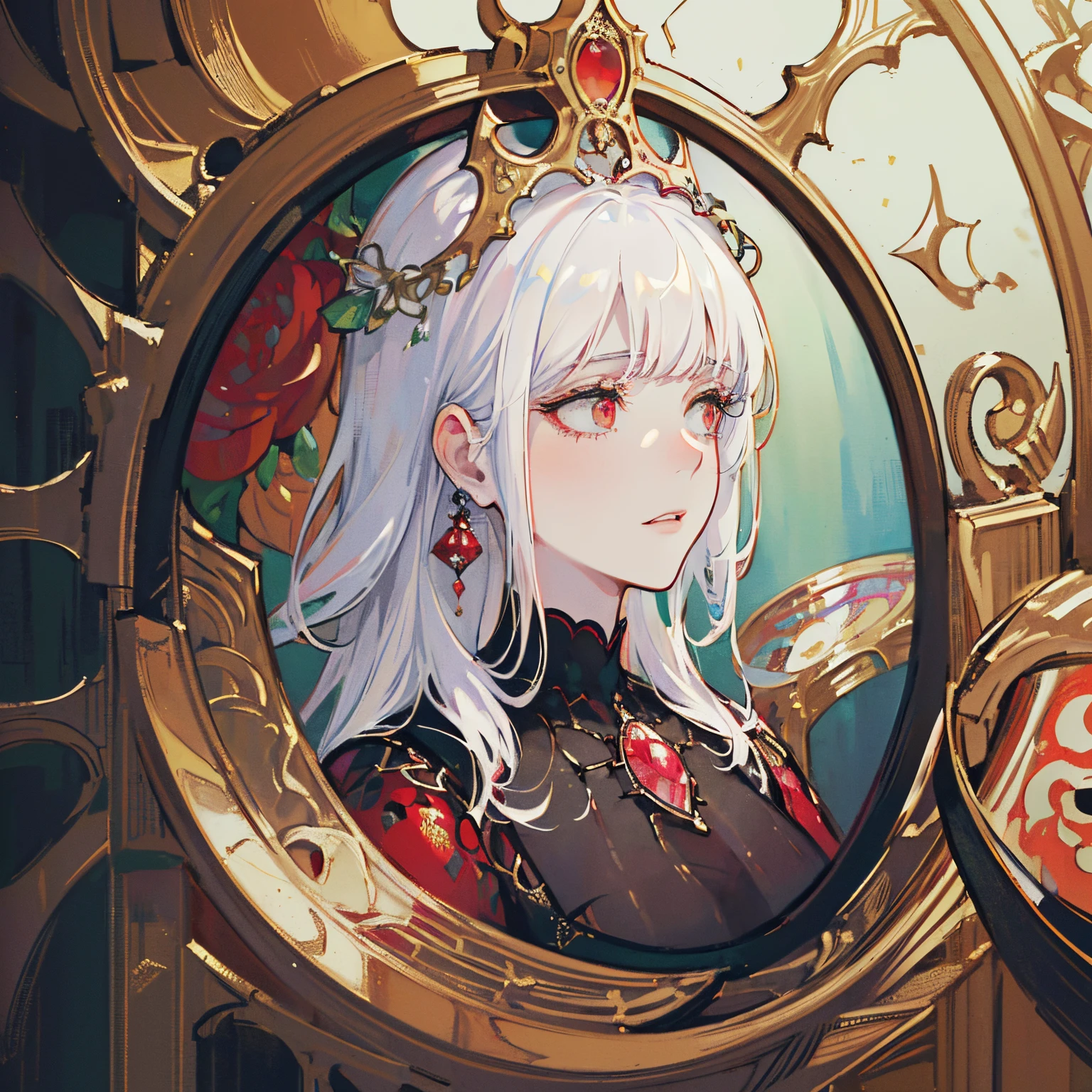 Beaded face, (((Pearlescent berry))), Wreath of Pomegranate, ((Hyperdetailed painting, high quality))((8k, detailed, diffused light)) , style of Stephen Gammell, by William Morris, by Chris Cold, style of Aubrey Beardsley ,by Hieronymus Bosch, by Otto Rapp, ((((Huge crack in all Screen))))