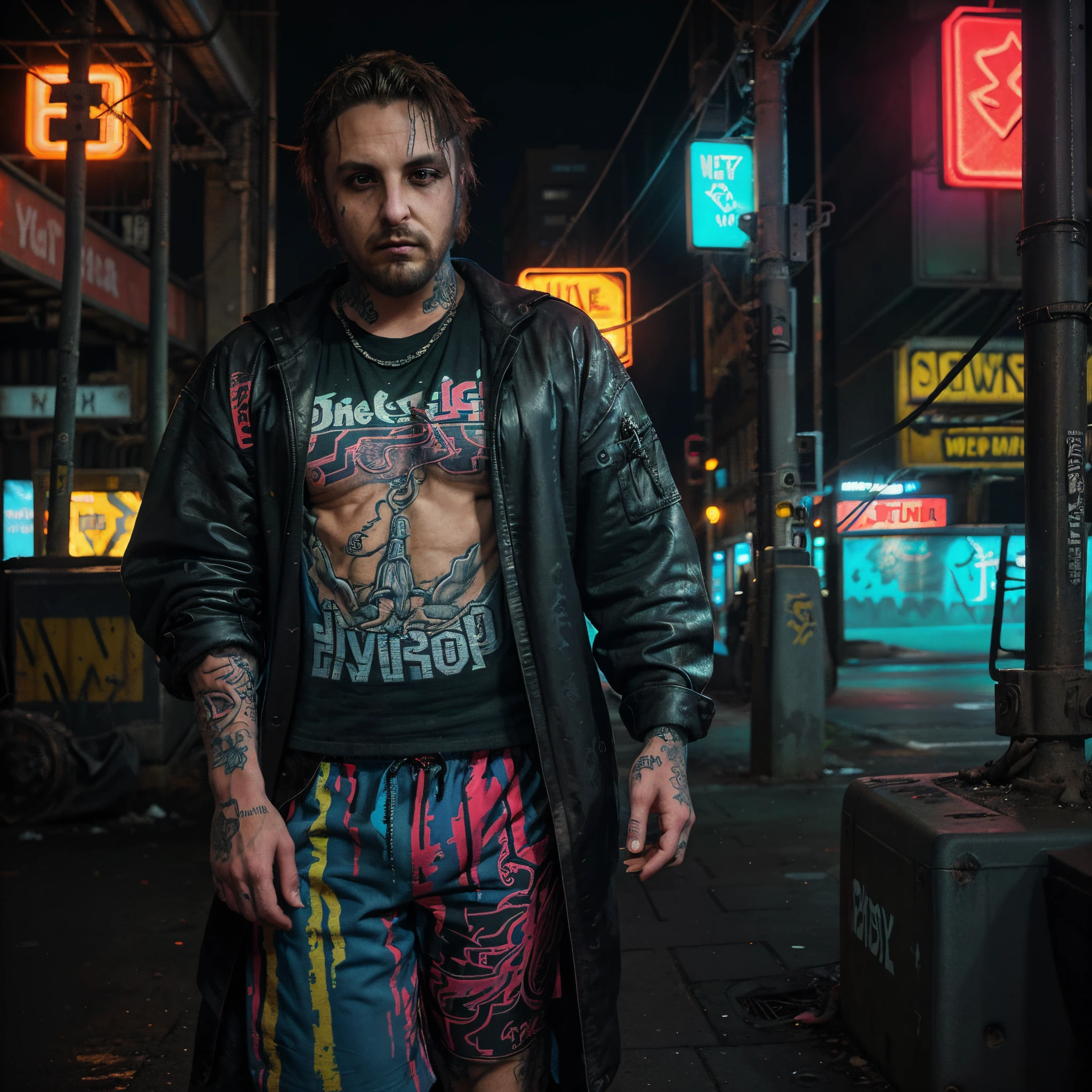 dream away, (A tattooed man stands proudly, his arms covered in colorful neon squid designs that drip and glow in the smogpunk cityscape: 1.1), (Die Antwoord-esque fashion sense, bold patterns and accents his style: 0.9), (Tattoo artist Seb McKinnon's distinctive linework and shading bring the ink designs to life: 1), dramatic city lights, harsh neon against the gritty surfaces, grungy yet vivid, industrial, 80s sci-fi vibe, fine detailed tattoos, weathered clothing, worn leather, (male focus: 1.2), street-level perspective, noir atmosphere, sharply rendered hard edges, gritty texture.