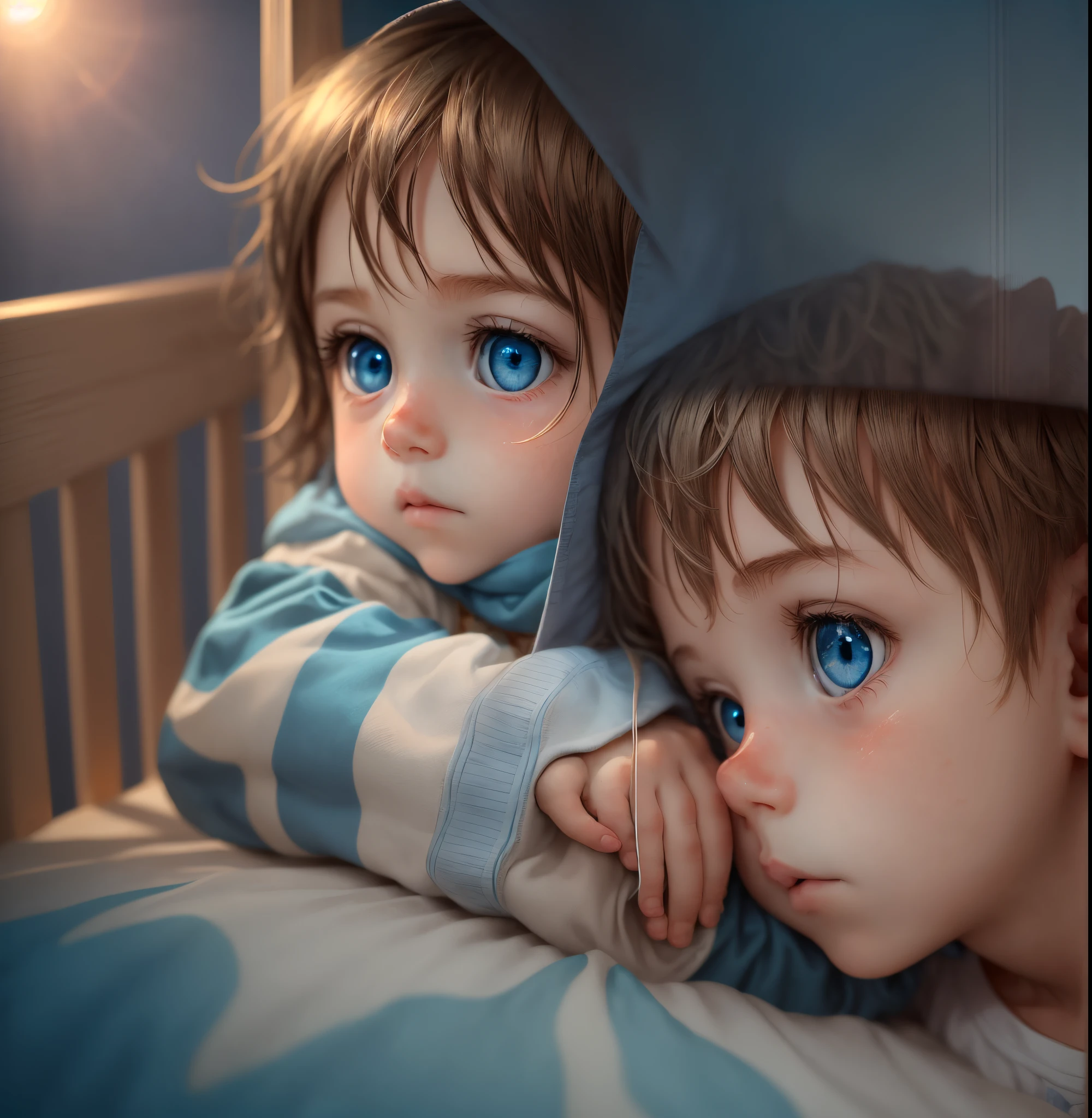 a lying in his crib with the sun reflecting in his blue eyes --auto --s2