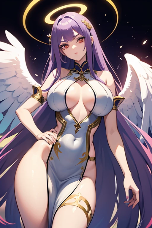 Tall girl with long red hair, silver eyes, and purple eyelashes. She has big boobs, and is an angel, having huge white and gold angel wings and a yellow halo above her head. She wears ash grey colored clothes. she is 8ft tall