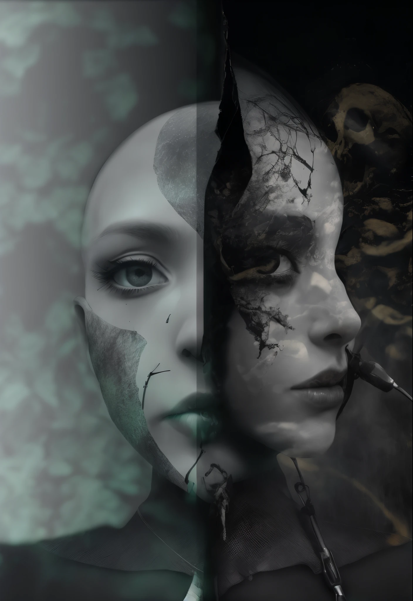 Layered transparency inside the human head versus butterflies mixed only in the brain,Half of the face,Half a skull,Positive perspective