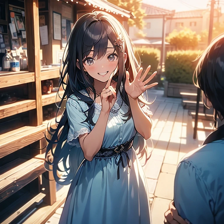 ((masterpiece:1.5)),((Finest quality)),(Ultra-high precision),8k picture, Top quality anime, Highest level of resolution,sharpnes, Light blue lace dress, smile, wave her hand, long hair, hair ornament