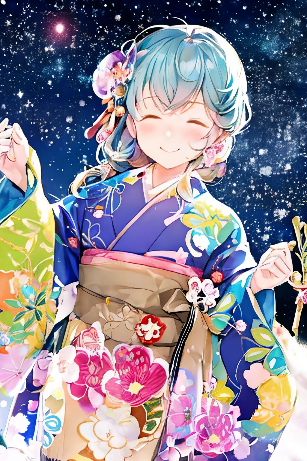 watercolor paiting、Pale shades、Beautiful colors、parfect anatomy、Kimono、Girl in Japanese Clothes、cowboy shot、Girl Closing Her Eyes、Cute girl s、Snowy night、Beautiful starry sky、fullmoon