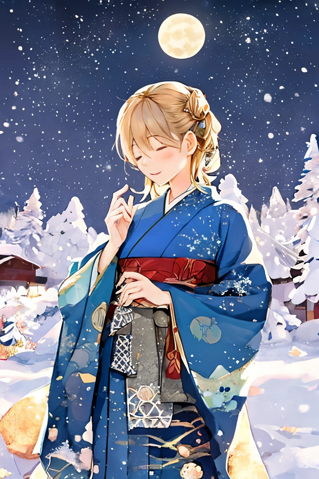 watercolor paiting、Pale shades、Beautiful colors、parfect anatomy、Kimono、Girl in Japanese Clothes、cowboy  shot、Girl Closing Her Eyes、Cute  girl s、Snowy night、Beautiful starry sky、fullmoon