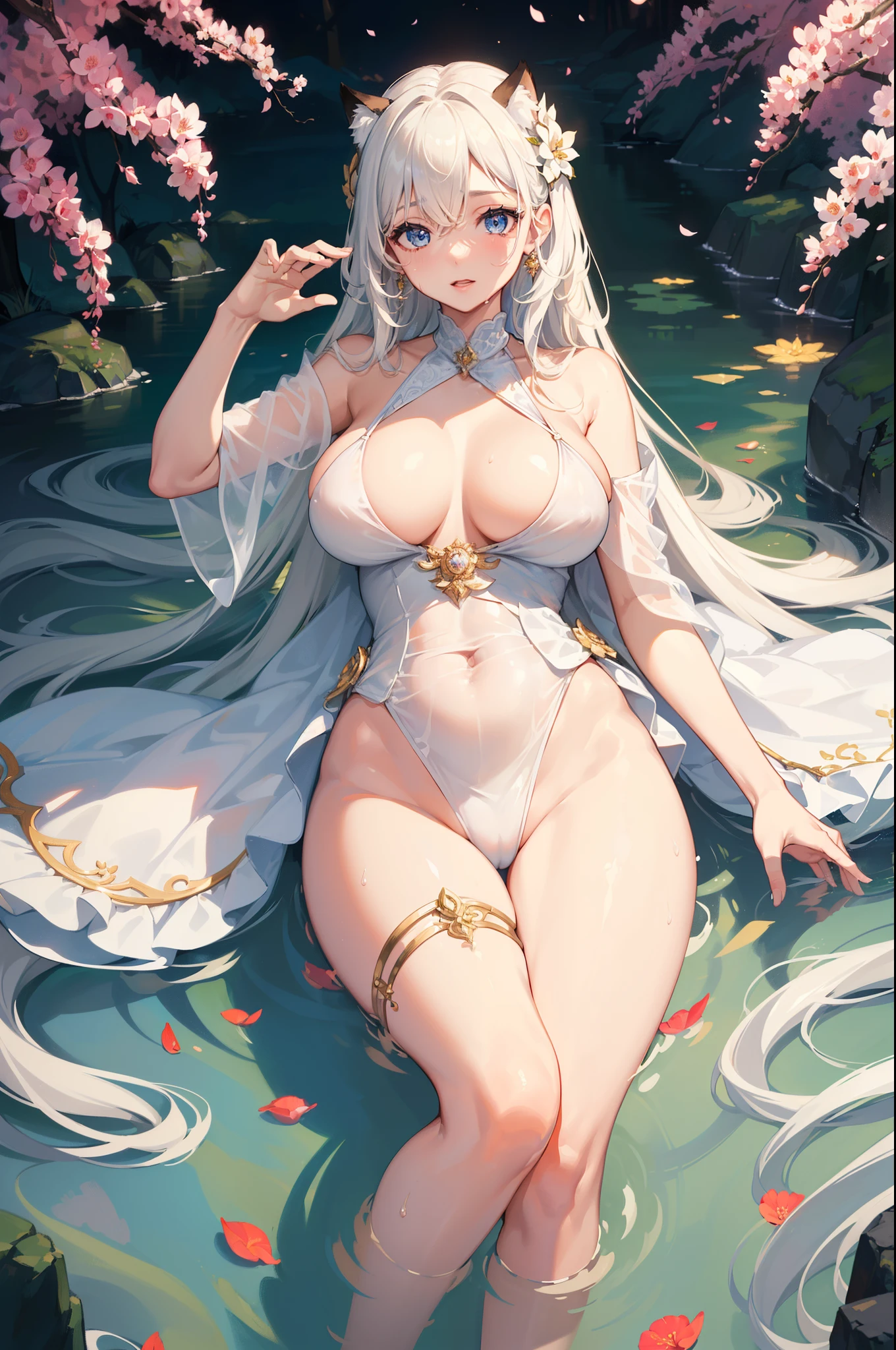 well-built,Create the best quality ,tmasterpiece, illuminations, Extremely Delicately Beautiful, The content is very detailed ,CG ,unified ,8k wallpaper, Amazing cleavage, Detailed pubic hair, tmasterpiece,Best quality,offcial art,extremely detaild的 CG unified 8k wallpapers,Ridiculous resources, Extremely ridiculous, The file size is large , ultra - detailed, A high resolution, The content is very detailed,Beautiful Meticulous Girl, Extremely detailed eyes and face, beautidful eyes,There is light on the face,1 busty girl, (shenhe\genshin impact), (hyper realisitc), (((White hair))), (Single braid), Long gray hair, (eBlue eyes), (((hair on one eye))), (((Bangs cover the right eye))), ((jewely)), ((Tassel earrings)), (((Describe the arm in detail))), (((super boobs))), ((Great Assa)), ((upper legs)), legs long, ((livestock)), ((Plump body)), (Large breasts), ((A plump chest)), (Detailed hair description),
(exposed bare shoulders), ((鎖骨)), (Glowing and radiant skin), (Detailed description of the face), (Ontology detailed description), (Fair and translucent skin), ((Sexy pajamas)), , (Big breasts exposing cleavage, Pink, Really moist skin、(drenched all over the body:1.3)、NSFW、、climaxing、Peerless beauty, (Ultimate beauty), (Redlip), (the shy ), ( ssmile), , ((Sakura NS)), (falling flower petals), (Japan hot spring), (lay on back), lie, (The body is immersed in water:1.2), ((face to the viewer)), ((confront)), (Soak in water) , ((any pose)),(Live-action fantasy movie poster), 美丽的构图, Fashionab、high high quality, (swimsuit white queen), Surrounded by sparkling blue waters, (crystal-clear water:1.2), Gorgeous underwater lights, (dynamicposes), Confident and powerful, mysterious smile, (diadems), beautiful blonde hair, (an enchanted forest:1.3), (magical light:1.2), Elegant and atmospheric, (Secluded beach:0.8), (sea shell:0.9), (Flawless skin:1.2), Stunningly detailed.(8K, RAW photos, Best quality, tmasterpiece: 1.2), high definition TAW color photos, (professional photoshooting, actual, realistically: 1.37), (tmasterpiece: 1.5), (Best quality: 1.2), 电影灯光, (bokeh: 1.2), 35mm: 1.25, wide angles, ((low angles: 1.2)), Long shot photo, glamour shot, front or back, ( full body1.15), The girl stood in the distance ((The girl being photographed can be seen through the gaps in the vegetation....: 1.4)), (Detailed faces: 1.2), Detailed skin texture, Skin glows, Exquisite, Beautiful and delicate face: 1.3, Extraordinary tight bikini, Anime girl in white bikini, (Clothed only in bikini)), (see-through white bikini)), (High cut T back)), (( Bikinis with a small cloth area: 1.5)), Pass through vegetation: 1.2, 1 girl, 19 year old model, Alone, white skinned, Cute big breasts, , (((deep colour)), big natural breasts, Willow waist, ssmile: 1.2, pony tails, The nipple shape is clearly visible, pubic shape clearly visible, Clearly visible, (The cloth is thin,Big breasts exposing cleavage)), ( The cloth is thin,The areola is transparent)), (((The cloth is thin,The epidermis is transparent)), Detailed bangs hair, Long messy hair detail: 1.3, random hair style, fox tails,White animal ears,8K