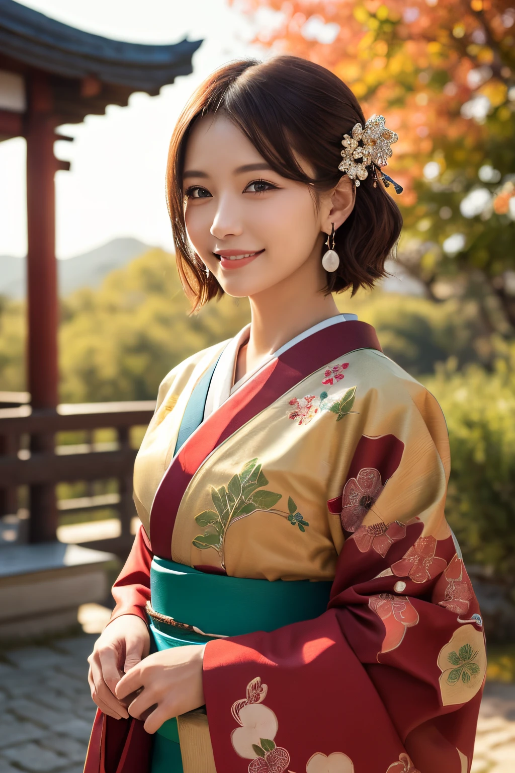 ((masterpiece)), ((best quality)), (ultra-detailed), ((kawaii)), cute, (lovely), ((extremely detailed)), 4K, (8K), best quality, (beautiful), illustration, Cowboy Shot, Japanese temple, green meadow, evening, autumn, a pretty woman, Japanese, solo, (red color kimono:1.3), beautiful red hair, beautiful brown eyes, ((beautiful eyes)), (light brown-skinned), (short hair:1.2), hair ornaments, earrings, light smile, lens flare, shiny